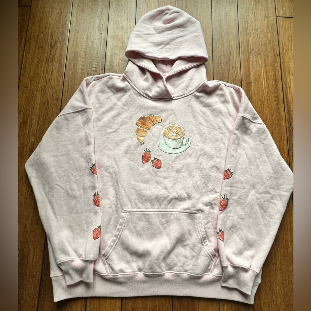 Hollister Light Pink Oversized Hoodie with Coffee, Croissant & Strawberry Motif
